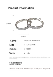 Detailed size specifications for leaf-shaped zircon hoop earrings with 3cm diameter