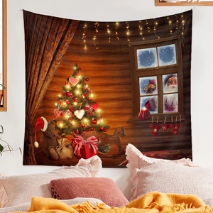 Detail of Christmas tree tapestry showing cozy log cabin interior with Santa and teddy bear