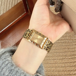 Elegant gold rectangle quartz watch for women with stylish leopard print leather strap