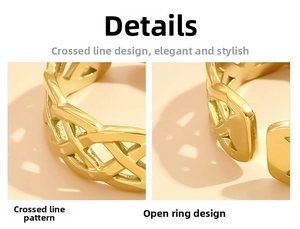 Detailed view of the layered cross weaving design and gold finish on the adjustable ring