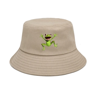 Anglerhut aus khakifarbenem Segeltuch mit grünem Frosch-Print als Sonnenschutz