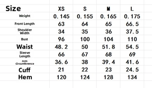 Detailed size chart for vintage print shirt showing measurements from XS to L
