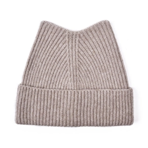 Close-up of ribbed knit cat ear beanie in beige featuring textured weave detail