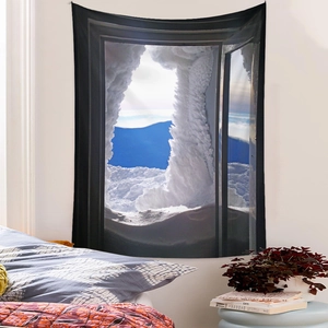 Detailed view of snowy mountain tapestry hanging above a bed for bedroom decoration