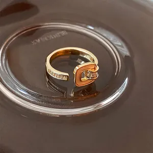 Gold Plated Copper Zircon Ring For Women French Style Belt Buckle Adjustable Open Finger Jewelry Enamel