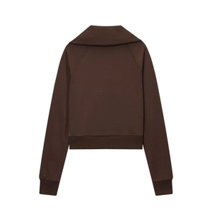 Detailed back view of a dark brown fleece jacket with lapel and raglan sleeves