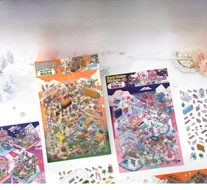 Detailed view of large scenery deco stickers featuring sunset and galaxy interior themes