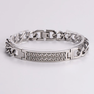 Polished silver stainless steel cuban link bracelet featuring a Greek key pattern plate