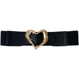 Elastic black waist belt with a golden heart-shaped metal buckle for dresses