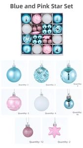 Close-up of assorted pink and blue Christmas ball ornaments with star tree topper
