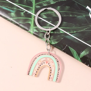 Detail view of a rainbow keychain with pink and mint stripes, heart detail, and silver ring