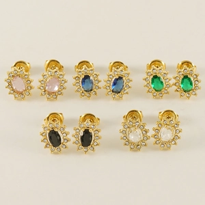 Golden stainless steel sunflower stud earrings with colorful zircon stones in five colors