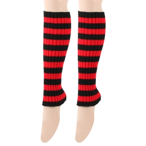 Close-up of red and black striped knit leg warmers with detailed ribbed texture