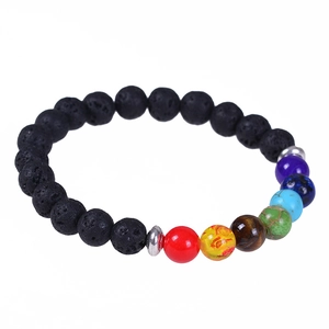 Chakra lava stone bracelet with 8mm natural stones and colorful energy beads on white base