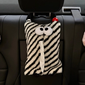 Hanging plush monster car tissue box holder with black and white stripes and large eyes