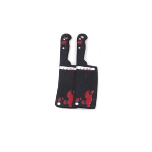 Detailed view of acrylic Halloween pendants shaped like bloody knives for DIY jewelry