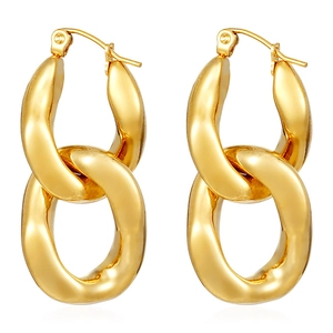 Macro detail of gold interlocking chain link earrings with polished metallic luster