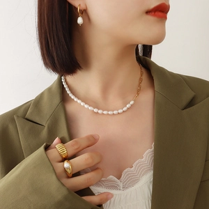 French style 18K gold plated necklace with freshwater pearls and matching jewelry set