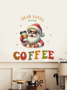 Festive Santa wall sticker with coffee theme for kitchen decor, high-quality holiday decal