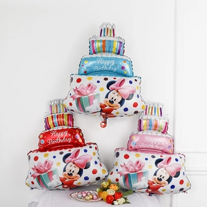 Three-layer birthday cake foil balloons with Minnie Mouse and Happy Birthday text