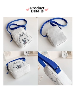 Detailed views of the white canvas crossbody bag with a cute rabbit print and blue strap