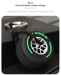 Macro shot of rubber tire keychain with silver hub and green ZERO detail on dark background