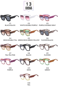 Thirteen assorted color options of retro square sunglasses with thick frames