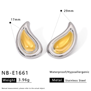 Two-tone stainless steel teardrop earrings in gold and silver, 29mm x 17mm size