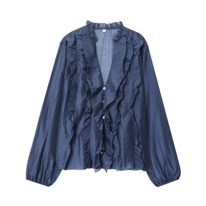 Women's V-neck long sleeve chiffon blouse in navy blue with elegant ruffled layer details
