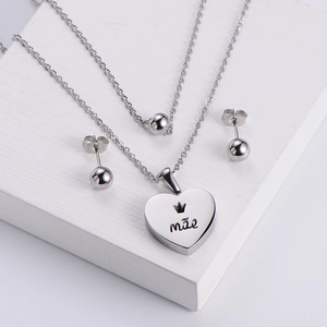 Silver stainless steel jewelry set with heart pendant and round stud earrings