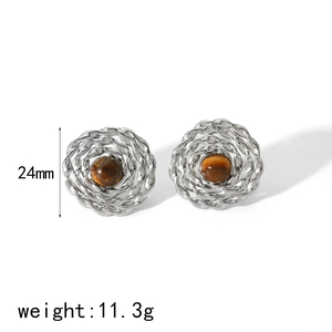 Detail of vintage hollow titanium steel earrings with 24mm tiger eye stone and 11.3g weight