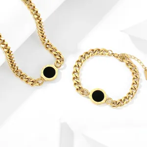 Roman Numeral Round Pendant Necklace And Bracelet Stainless Steel Cuban Link Chain Minimalist Elegant Jewelry For Women