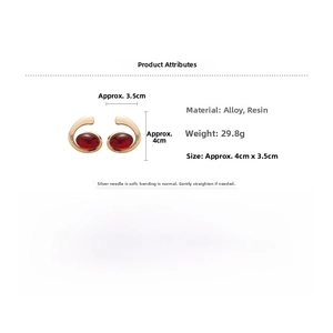 Detail view of retro oval resin earrings with gold alloy frame and size measurements