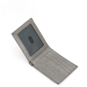 Slim grey vintage RFID blocking leather bifold wallet with multiple card slots and ID window