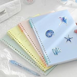 Set of 4 coastal theme macaron colored loose-leaf notebooks with shells and starfish decals
