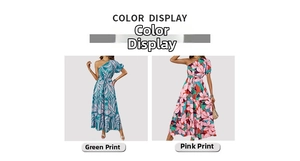 Détail de la robe longue asymétrique fleurie disponible en imprimé vert et rose