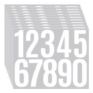 Macro shot of 10-piece white waterproof vinyl number stickers from 0 to 9 in a neat stack