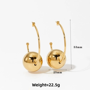 Polished gold C-shaped hoop earrings with metal sphere detail, size 53mm by 25mm
