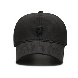 Lightweight breathable black running baseball cap with laser-cut holes and shield logo