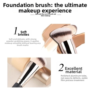 Detail of angled soft synthetic bristles and polished aluminum tube of concealer brush