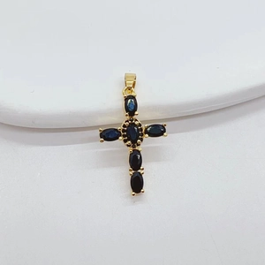 Hip hop punk gold cross pendant necklace with a deep blue oval gemstone in center