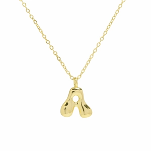 Polished 18k gold bubble letter A pendant necklace with a fine cable chain link