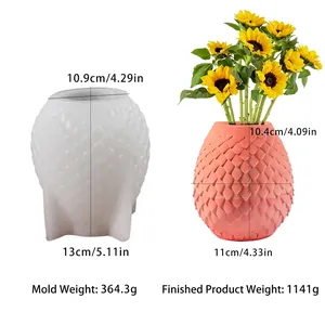 Macro detail of pineapple textured silicone mold and pink concrete vase with measurements
