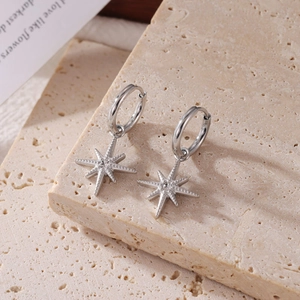 Silver star-shaped titanium earrings with zircon inlay on a stone display base