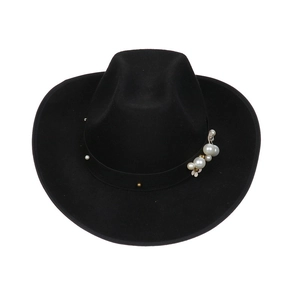 Top view of black wool cowboy hat featuring elegant pearl and floral bead decorations