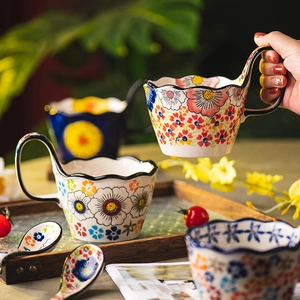 Hand Painted Ceramic Coffee Mug With Large Loop Handle Wavy Rim Floral Porcelain Breakfast Cup For Home Office Use