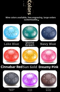 Nine-color options for the steel tongue drum featuring matte and glossy metal finishes