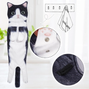 Detail of hanging cat hand towel showing metal snap button and microfibre fabric texture