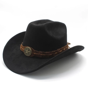 Detail of western cowboy hat with brown braided band and bronze star metal emblem