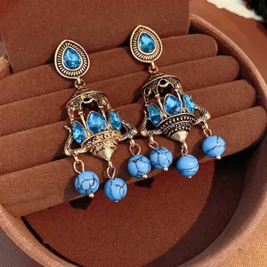 Vintage Bohemian Chandelier Drop Earrings Women Retro Court Style Alloy Blue Rhinestone With Silver Earring Post
